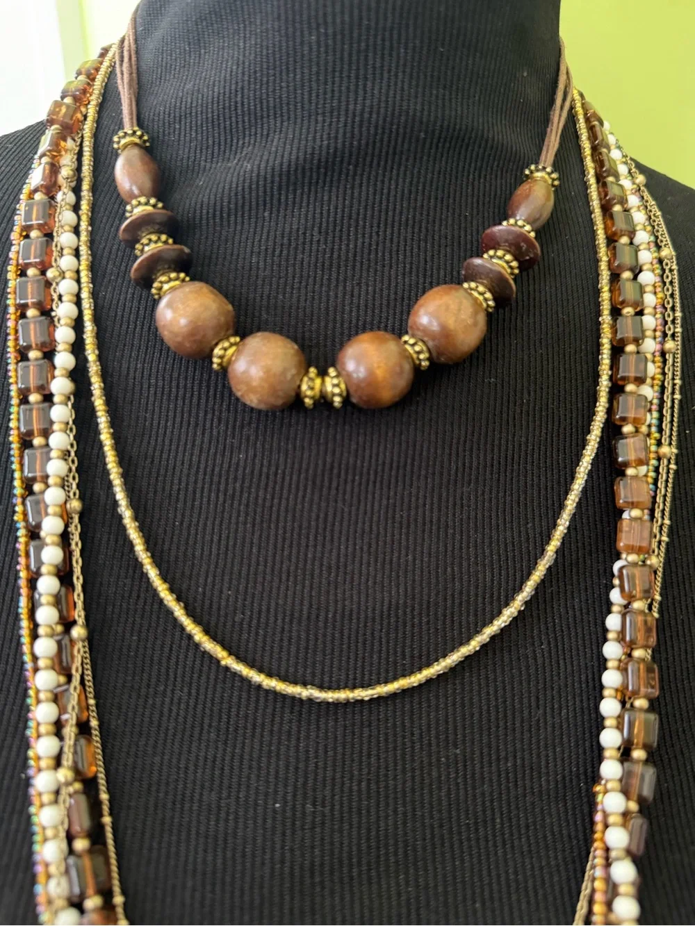 3 Piece Stacked Beaded Necklaces Designer Glass Wood